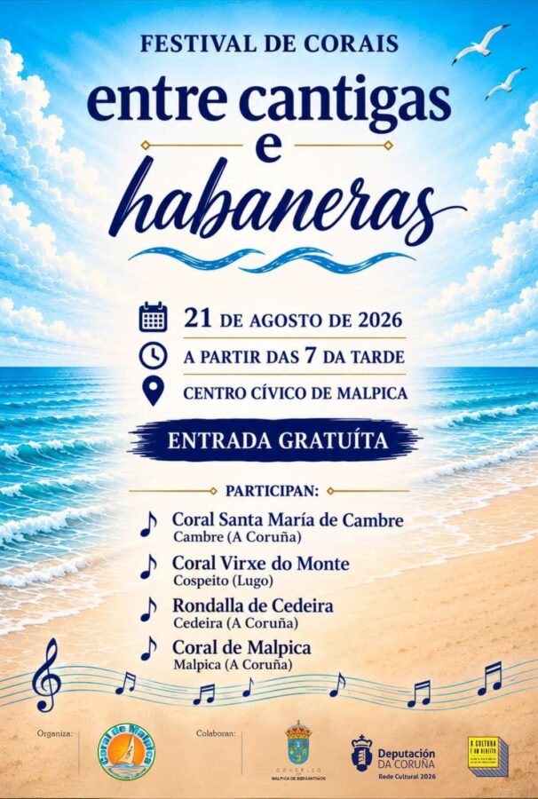 Cartel del Festival de Corais Entre Cantigas e Habaneras, el 21 de agosto de 2026 en el Centro Cívico de Malpica.