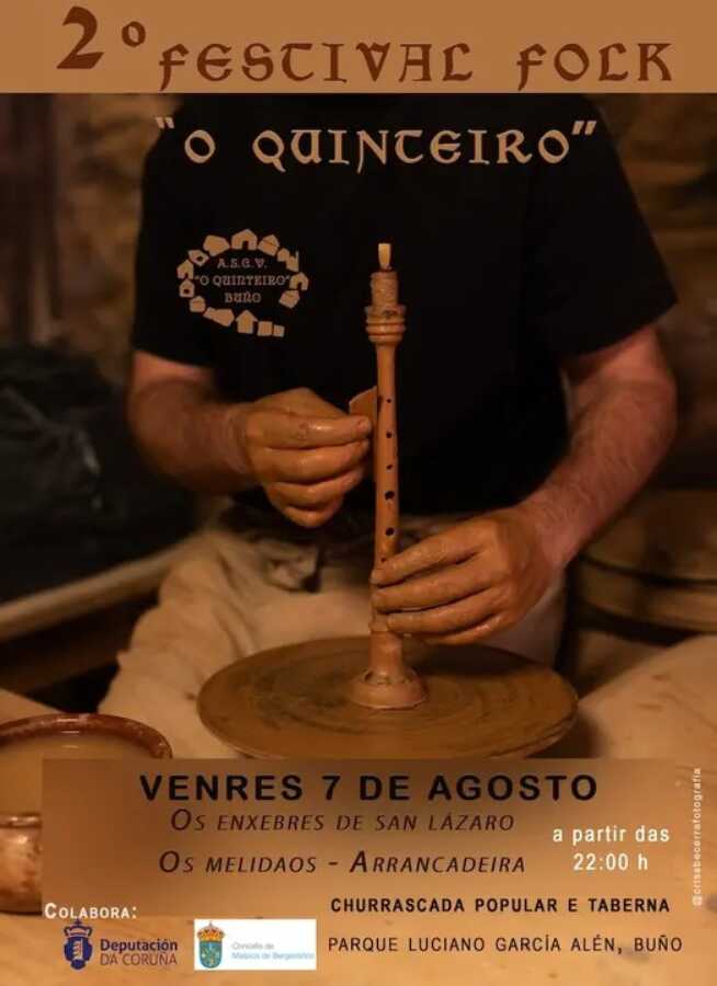 Cartel del 2.º Festival Folk O Quinteiro, que se celebra el 7 de agosto de 2026 en el parque Luciano García Alén de Buño