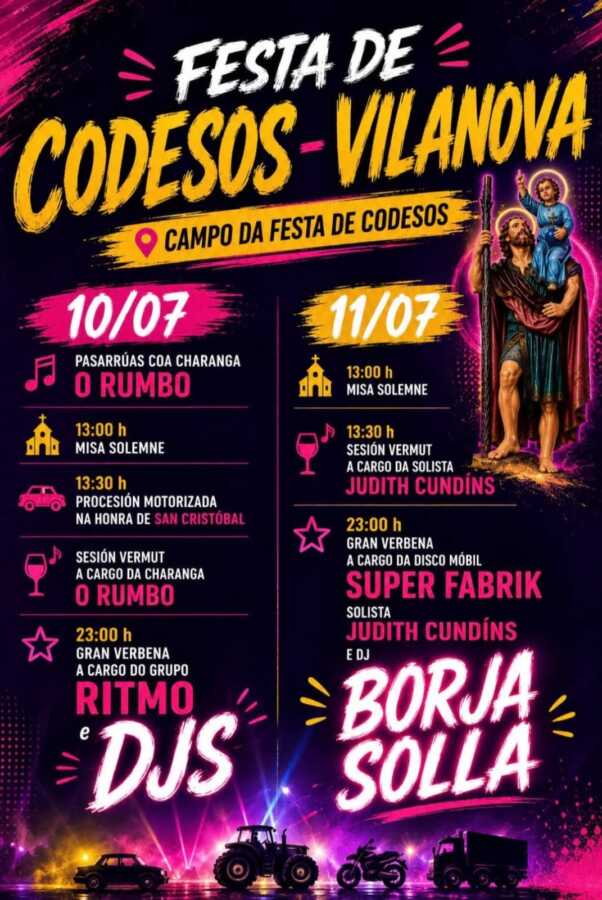 Cartel de la Festa de Codesos-Vilanova, con actividades los días 10 y 11 de julio en el Campo da Festa de Codesos.