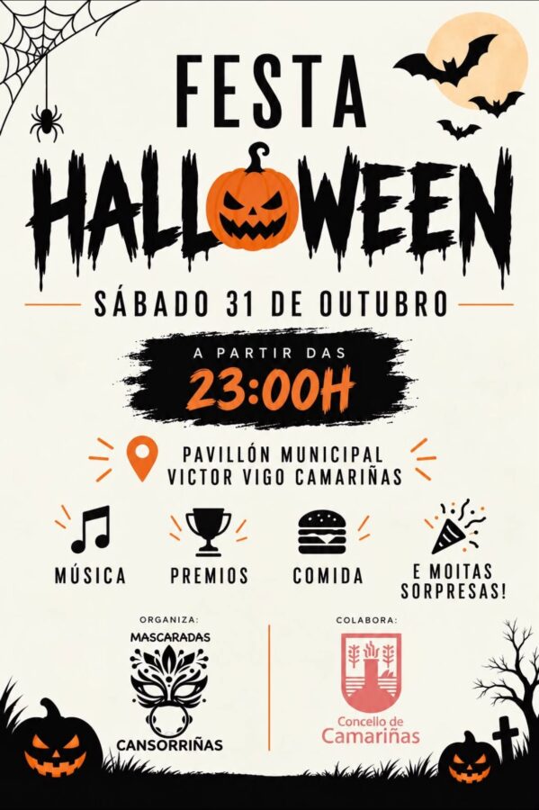 Cartel de la Festa de Halloween 2026 en Camariñas, sábado 31 de outubro no Pavillón Municipal Víctor Vigo
