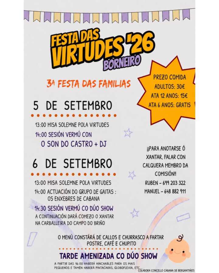 Cartel de la Festa das Virtudes 2026 en Borneiro, Cabana de Bergantiños, los días 5 y 6 de septiembre