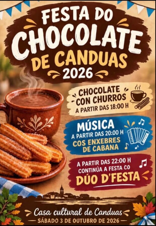 Cartel de la Festa do Chocolate de Canduas 2026, con chocolate con churros y actuaciones musicales.