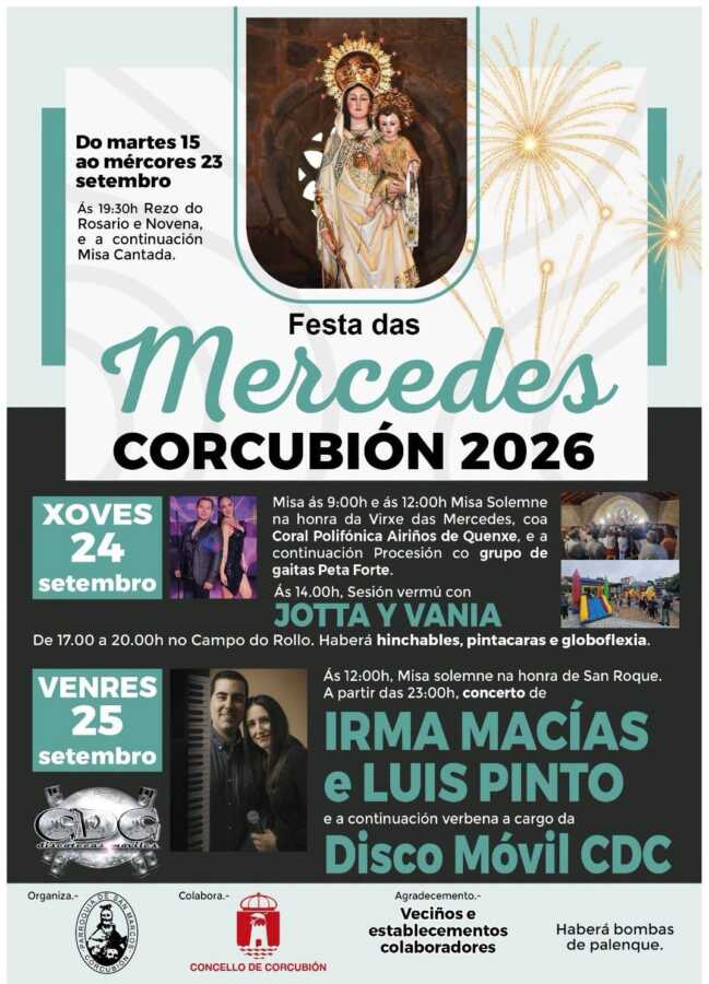 Cartel de la Festa das Mercedes de Corcubión 2026, con programación del 24 y 25 de septiembre
