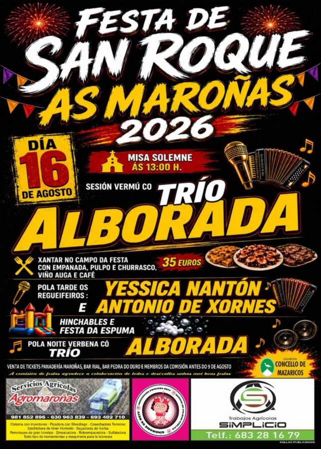 Cartel de la Festa de San Roque das Maroñas 2026, el 16 de agosto en Mazaricos