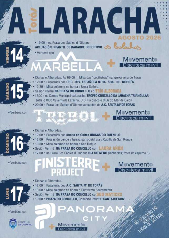 Cartel das Festas da Laracha 2026, do 14 ao 17 de agosto, coa programación musical, tradicional e familiar