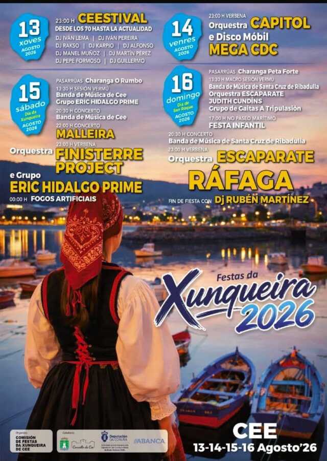 Cartel de las Fiestas de A Xunqueira 2026 en Cee, del 13 al 16 de agosto