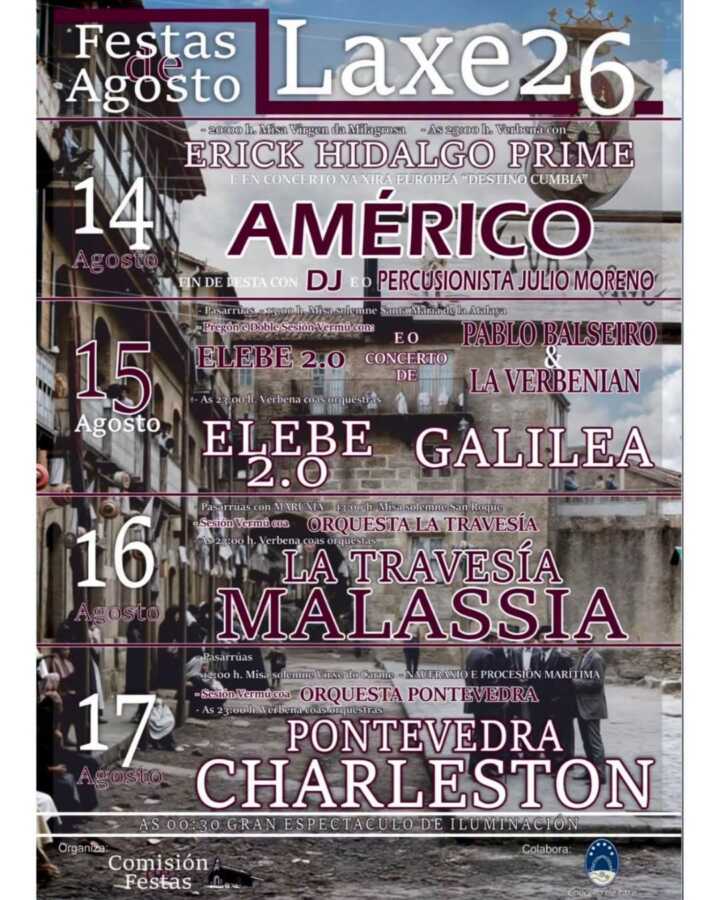 Cartel de las Fiestas de Agosto de Laxe 2026, del 14 al 17 de agosto, con actuaciones musicales y actos religiosos