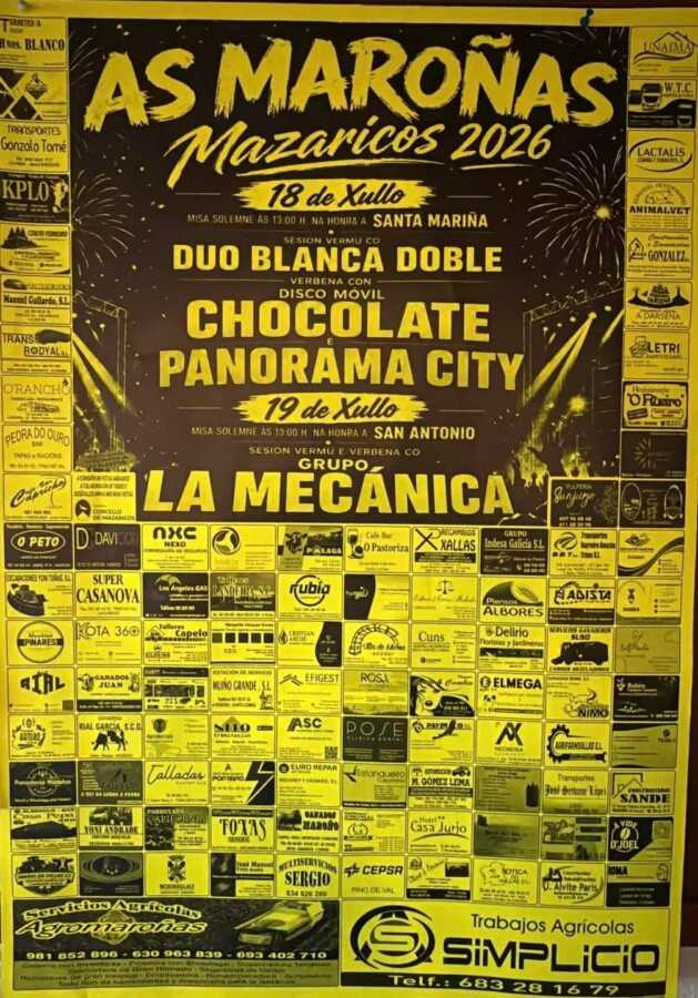 Cartel de las fiestas de As Maroñas 2026 en Mazaricos, con programación de los días 18 y 19 de julio