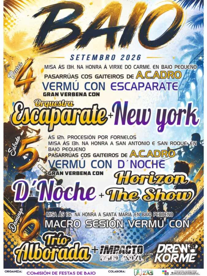 Cartel das Festas de Baio 2026, do 4 ao 6 de setembro, con verbenas, sesións vermú, misas e procesión