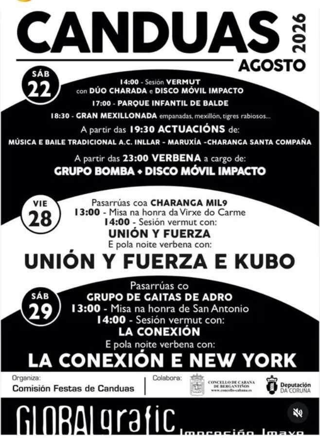 Cartel de las Fiestas de Cánduas 2026, con música, baile tradicional, sesiones vermú y verbenas los días 22, 28 y 29 de agosto