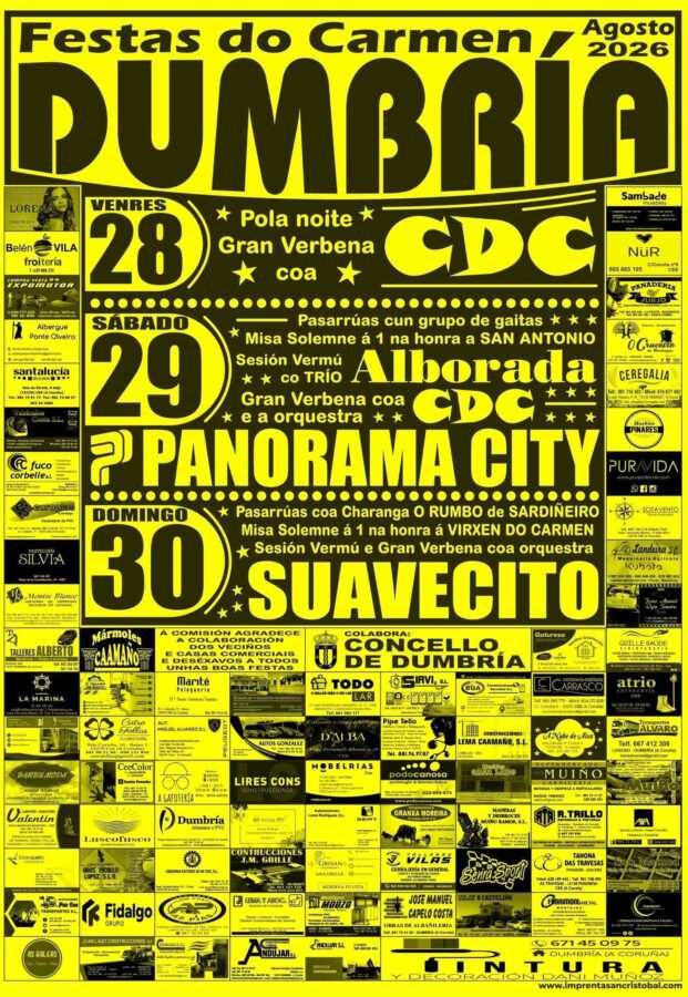 Cartel de las Fiestas del Carmen 2026 en Dumbría, del 28 al 30 de agosto