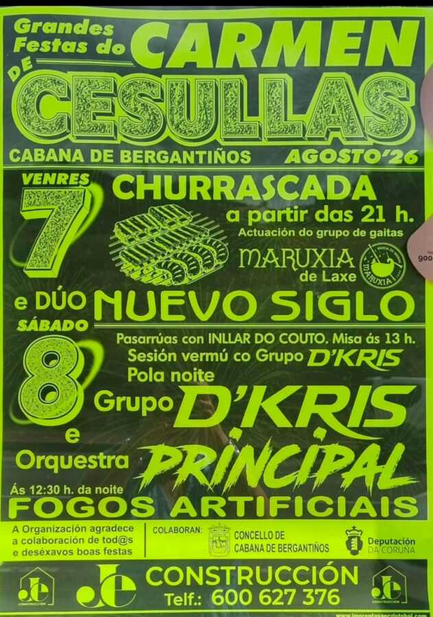 Cartel de las Grandes Fiestas del Carmen de Cesullas 2026, con churrascada, música, misa, sesión vermú y fuegos artificiales.