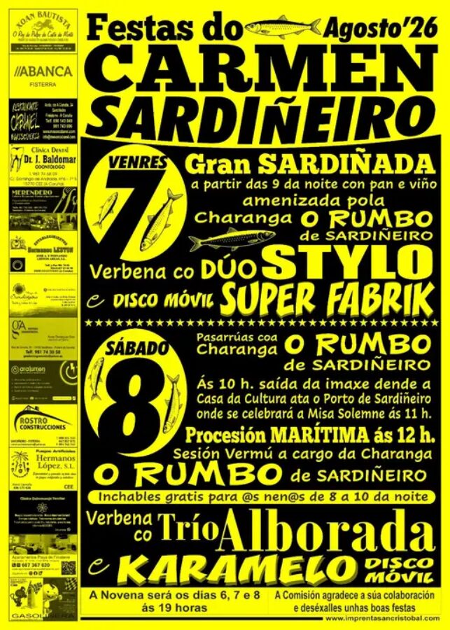 Cartel de las Festas do Carmen de Sardiñeiro 2026, los días 7 y 8 de agosto