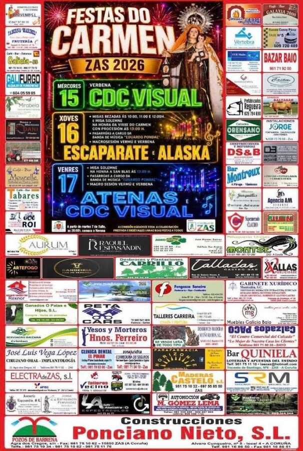 Cartel de las Fiestas del Carmen de Zas 2026, del 15 al 17 de julio, con programación musical y religiosa.