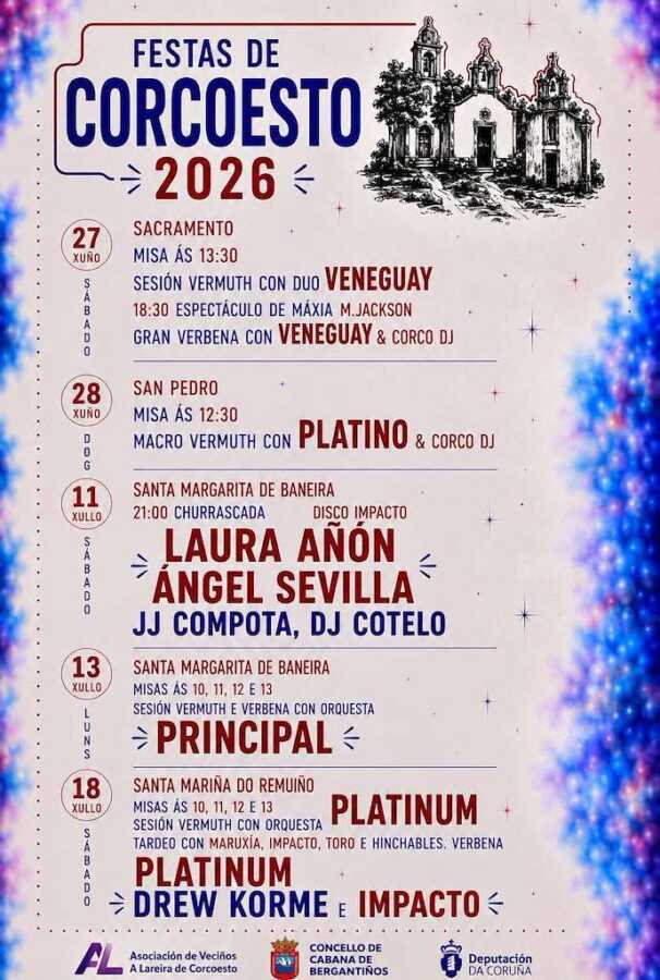 Cartel de las Fiestas de Corcoesto 2026, con celebraciones del 27 de junio al 18 de julio en Corcoesto, Cabana de Bergantiños.