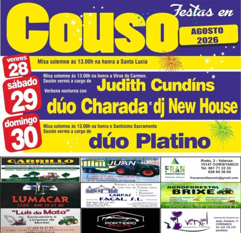 Cartel de las Fiestas de Couso 2026, en la parroquia de Couso de Coristanco, del 28 al 30 de agosto, con Judith Cundíns, dúo Charada, DJ New House y dúo Platino.