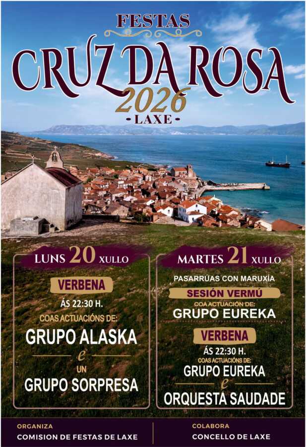 Cartel de las Fiestas de la Cruz da Rosa 2026 en Laxe, los días 20 y 21 de julio