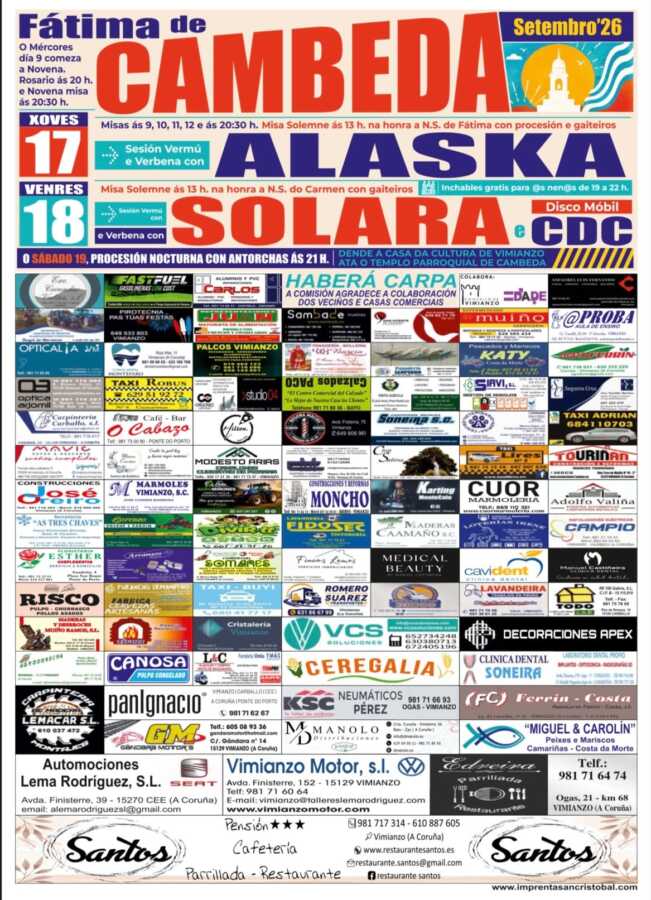 Cartel de las Fiestas de Fátima de Cambeda 2026 en Vimianzo, del 17 al 19 de septiembre
