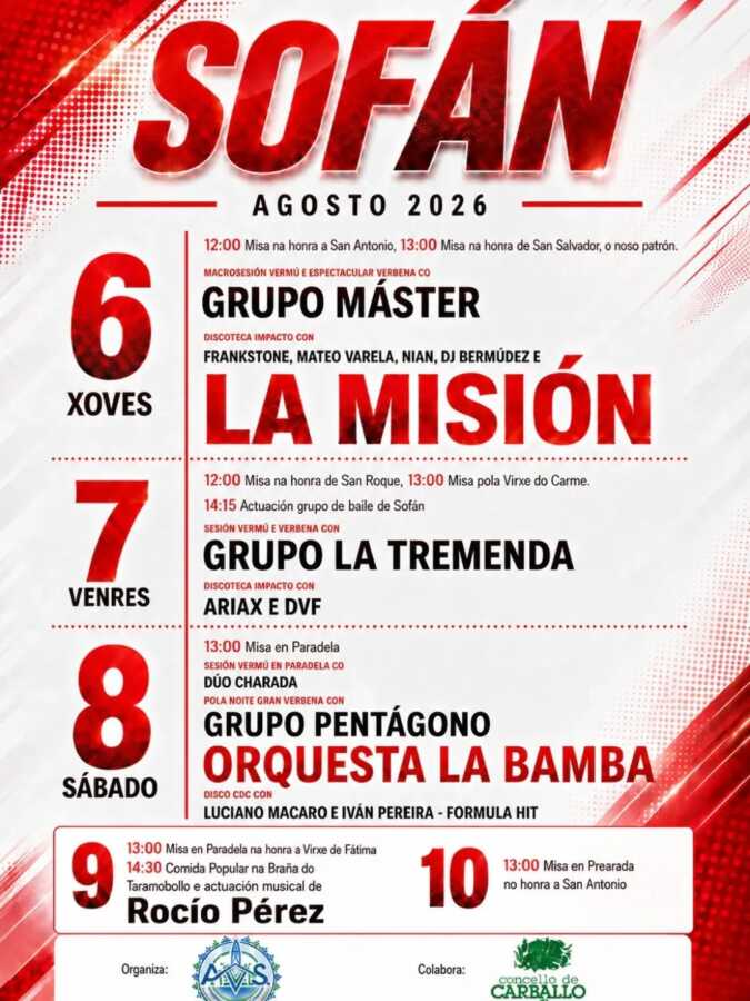 Cartel de las fiestas de Sofán de agosto de 2026, con programación del 6 al 10 de agosto