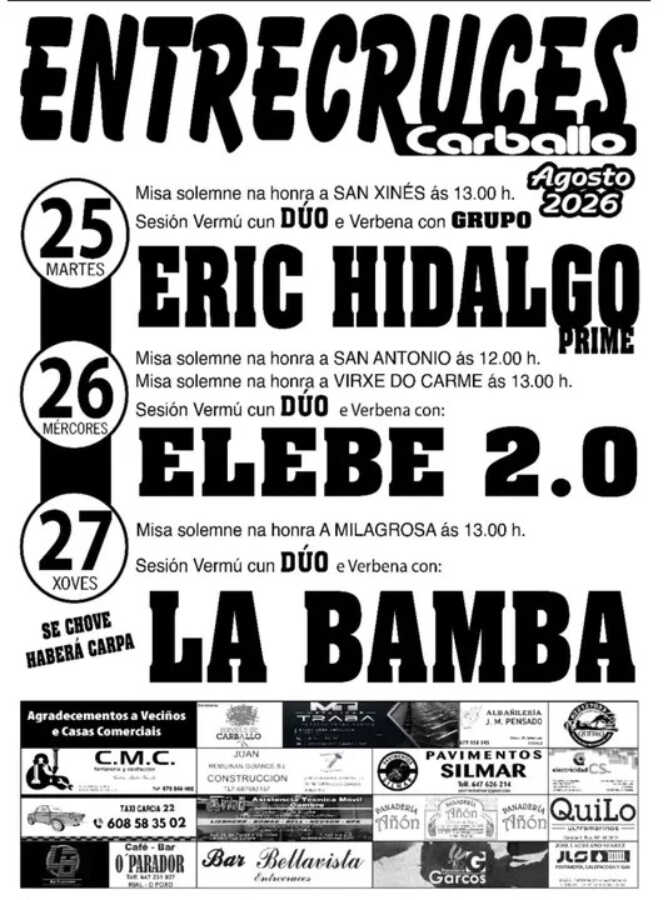 Cartel de las fiestas de Entrecruces 2026 en Carballo, del 25 al 27 de agosto