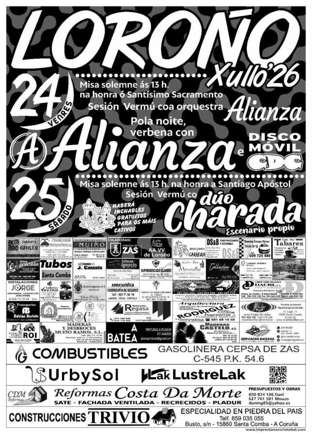 Cartel de las fiestas de Loroño 2026, con actuaciones de la Orquesta Alianza, Disco Móbil CDC y Dúo Charada