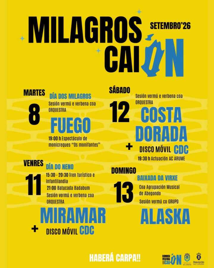 Cartel actualizado de las Fiestas de los Milagros de Caión 2026