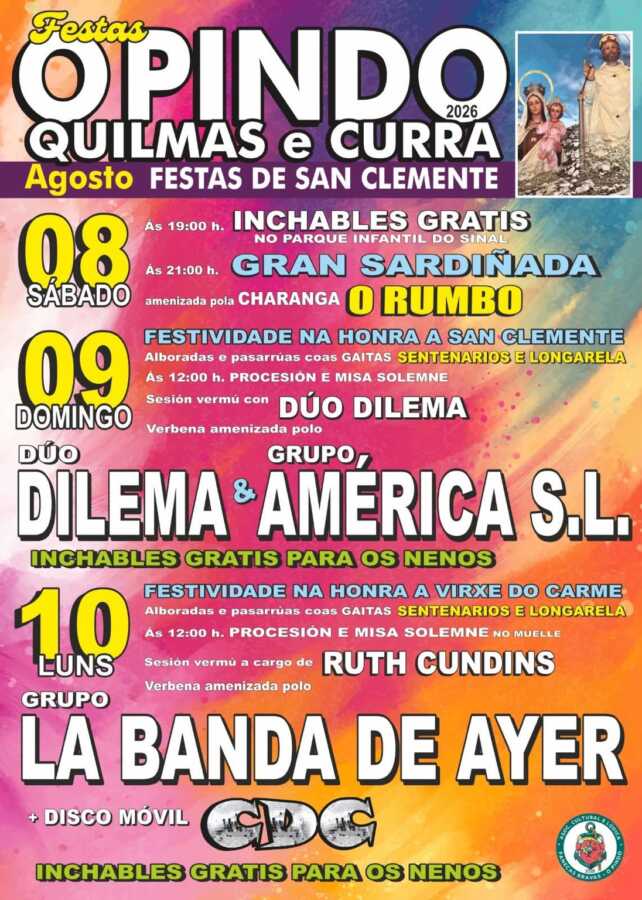 Cartel de las Fiestas de O Pindo 2026 en Quilmas y Curra, con actividades infantiles, sardinhada, música, celebraciones religiosas y verbenas.