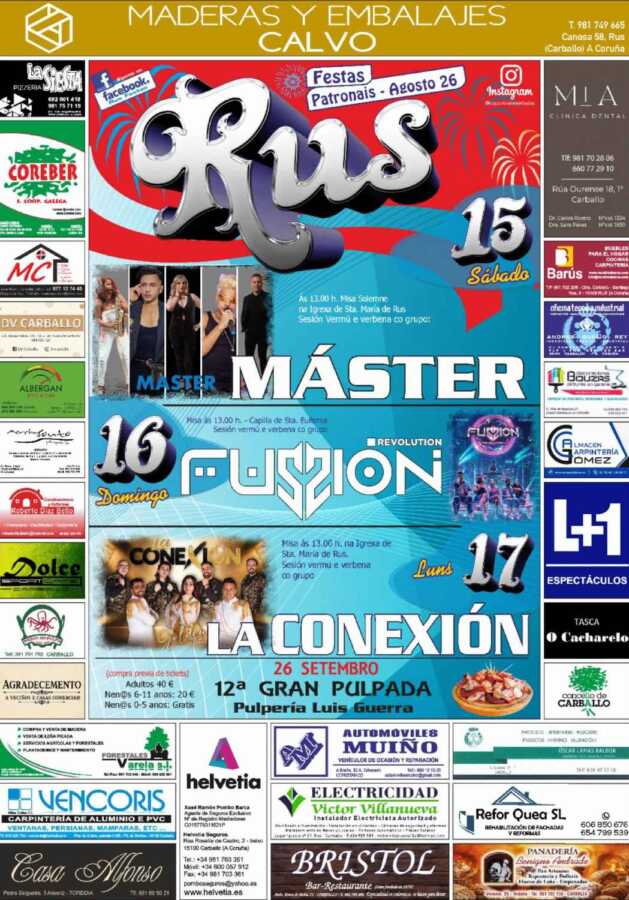 Cartel de las Fiestas Patronales de Rus 2026 con actuaciones de Máster, Revolution y La Conexión