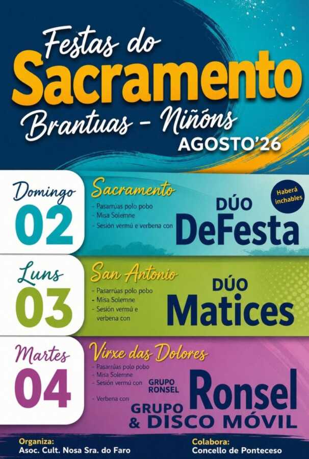 Cartel de las Fiestas del Sacramento de Brantuas-Niñóns 2026, con actuaciones de Dúo DeFesta, Dúo Matices y Grupo Ronsel