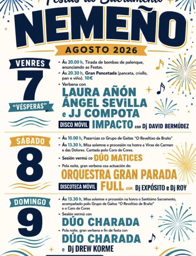 Cartel de las Festas do Sacramento de Nemeño 2026, con pancetada, música, procesiones y verbenas del 7 al 9 de agosto