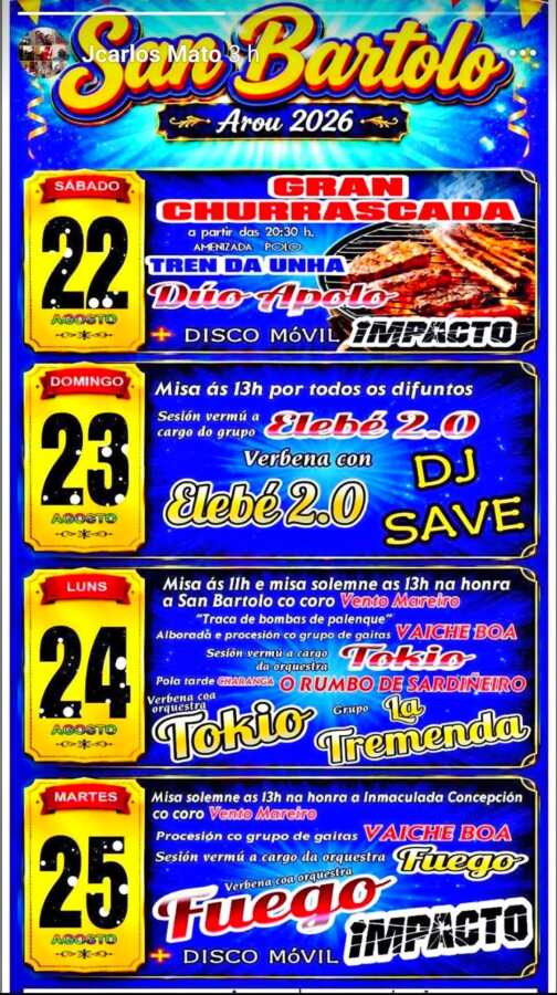Cartel de las fiestas de San Bartolo de Arou 2026, del 22 al 25 de agosto, con churrascada, misas, sesiones vermú y verbenas.