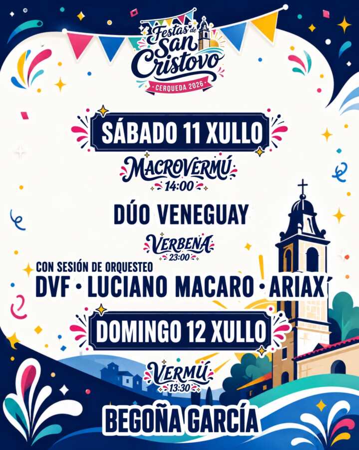 Cartel de las Fiestas de San Cristovo de Cerqueda 2026, con macrovermú, verbena y actuaciones musicales los días 11 y 12 de julio
