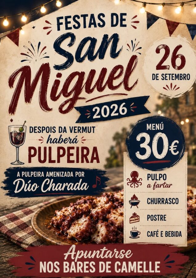 Cartel de las Festas de San Miguel 2026 en Camelle, el 26 de septiembre, con pulpeira, churrasco y música del Dúo Charada
