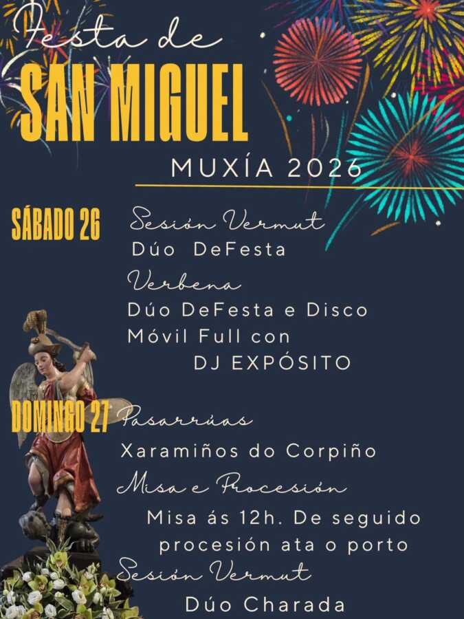 Cartel de las Festas de San Miguel 2026 en Muxía, los días 26 y 27 de septiembre