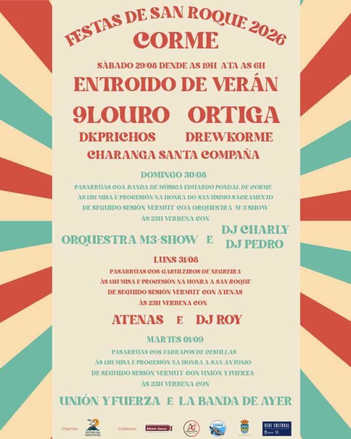 Cartel das Festas de San Roque 2026 en Corme, do 29 de agosto ao 1 de setembro