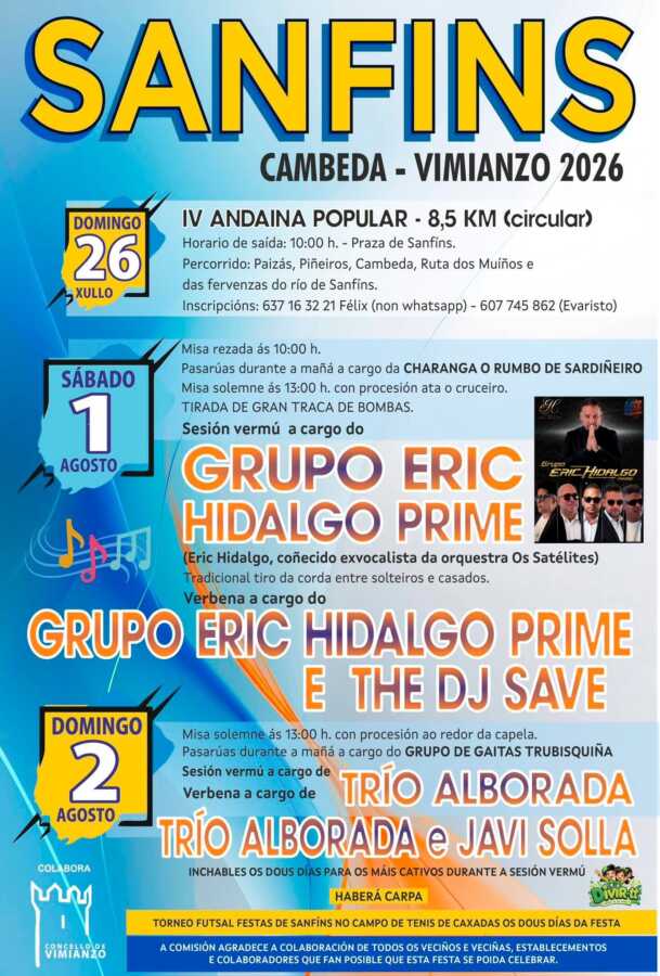 Cartel de las Fiestas de Sanfins 2026 en Cambeda, con andaina popular y programa festivo los días 26 de julio, 1 y 2 de agosto