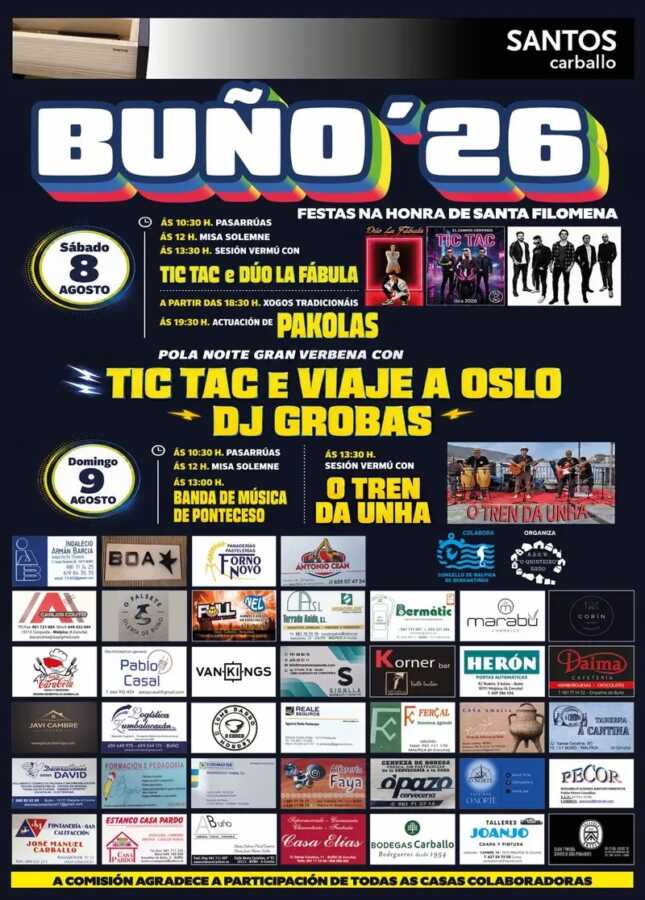 Cartel de las fiestas de Santa Filomena en Buño 2026, con música, juegos tradicionales y actuaciones