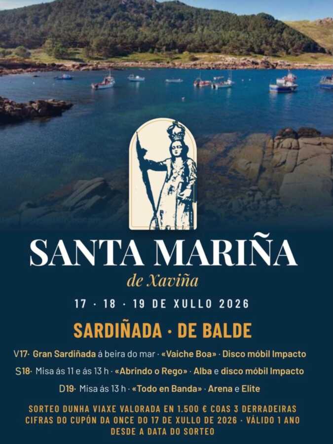 Cartel de las fiestas de Santa Mariña de Xaviña 2026, del 17 al 19 de julio, con sardiñada, música y verbenas