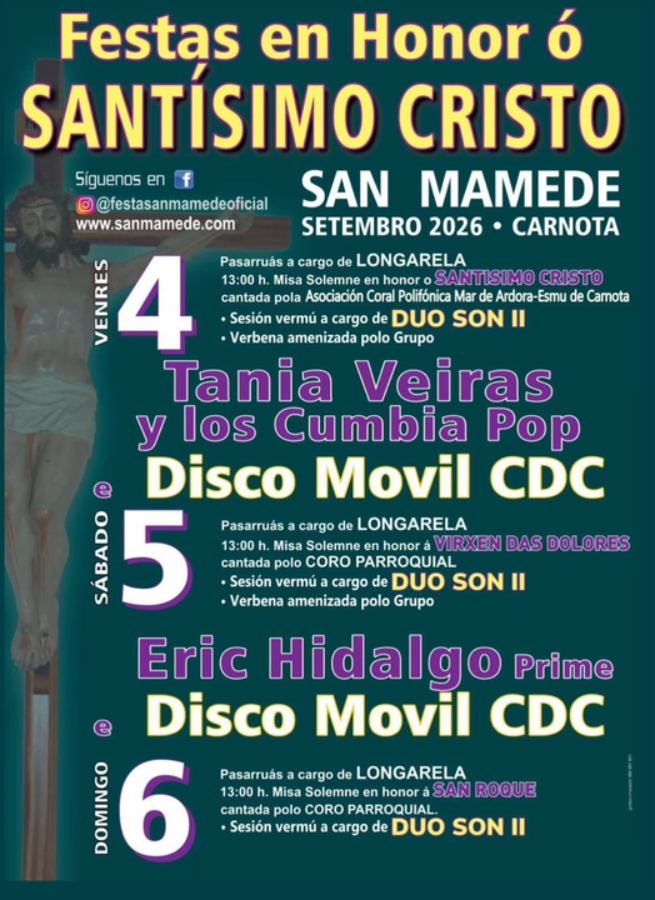 Cartel de las fiestas en honor al Santísimo Cristo en San Mamede, Carnota, del 4 al 6 de septiembre de 2026