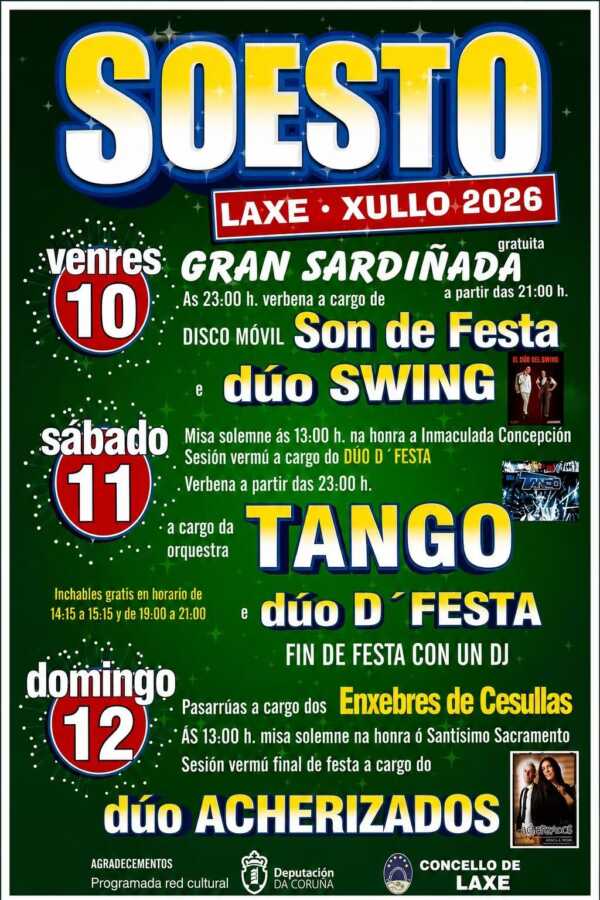 Cartel de las fiestas de Soesto en Laxe, del 10 al 12 de julio de 2026, con gran sardinada, verbenas, misa solemne, pasarrúas e hinchables.