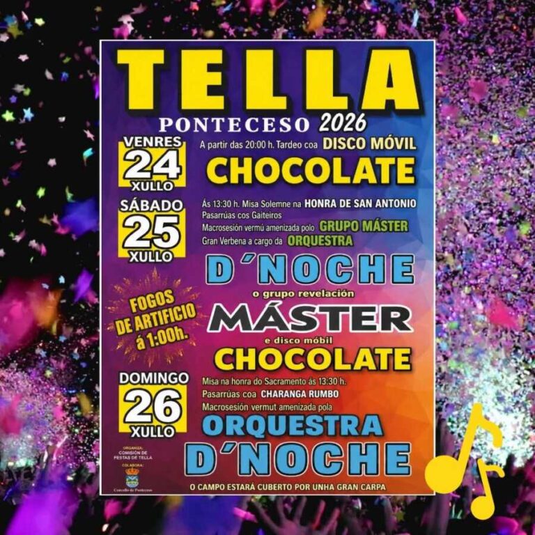 Cartel de las Fiestas de Tella 2026 en Ponteceso, con actuaciones musicales y actos religiosos