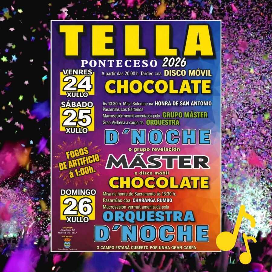 Cartel de las Fiestas de Tella 2026 en Ponteceso, con actuaciones musicales y actos religiosos