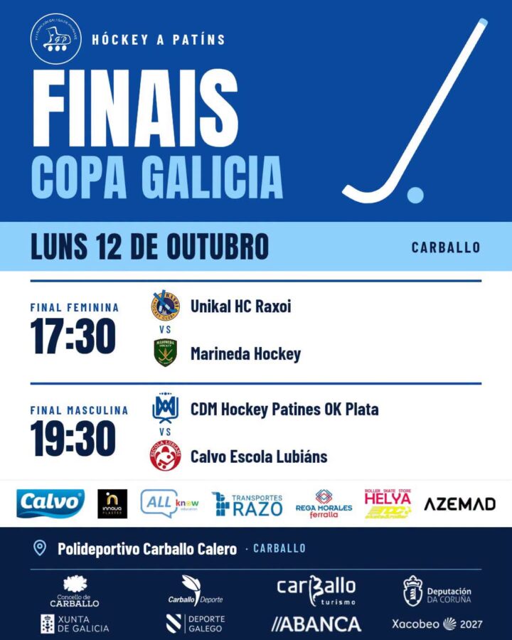 Cartel das finais da Copa Galicia de hóckey a patíns en Carballo, o luns 12 de outubro