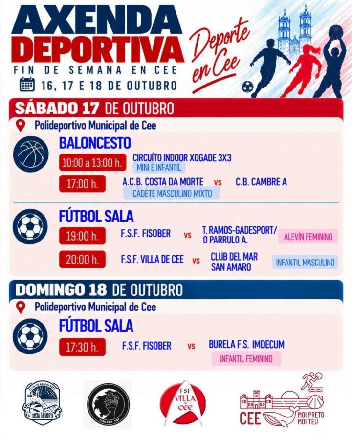 F.S.F. Fisober contra Burela F.S. Imdecum, fútbol sala infantil feminino, domingo 18 de outubro de 2026 ás 17:30 h no Pavillón Municipal de Cee.