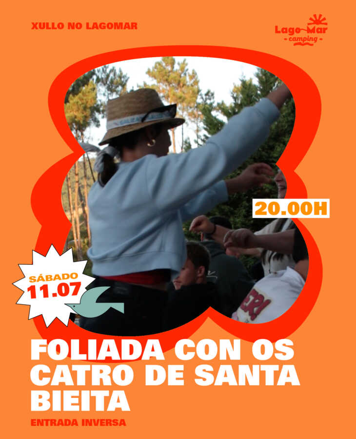Cartel de la foliada con Os Catro de Santa Bieita en Lagomar Camping