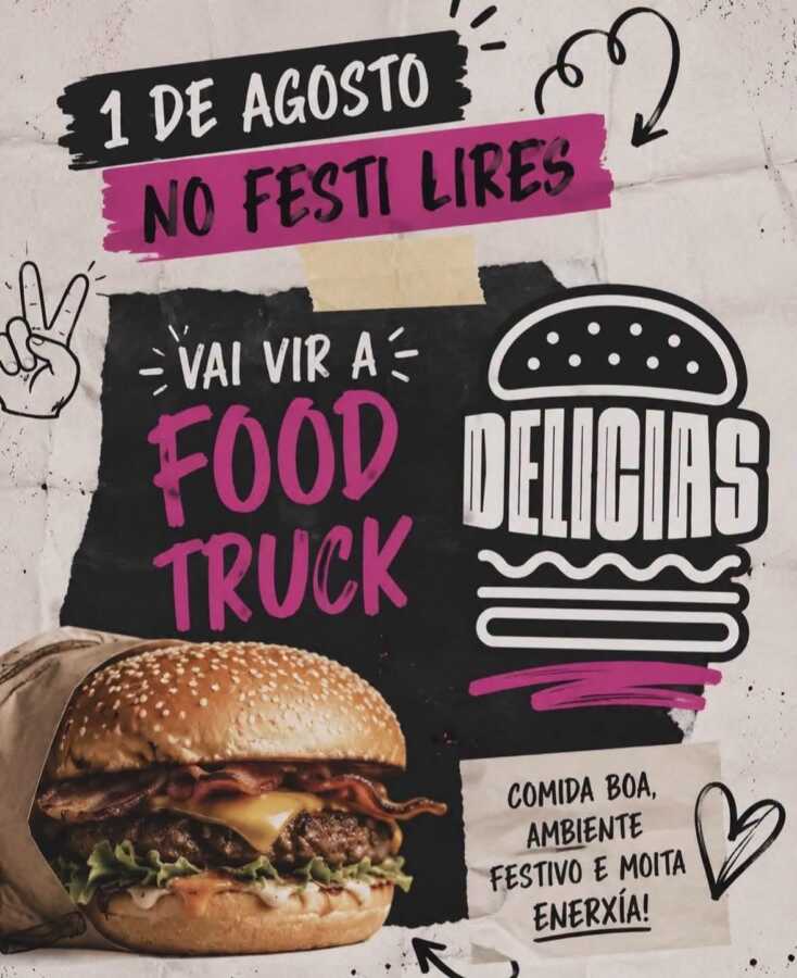 Cartel de la visita de la food truck Delicias a Festi Lires el 1 de agosto