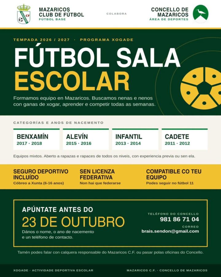 Cartel de fútbol sala escolar do Mazaricos Club de Fútbol para a tempada 2026/2027