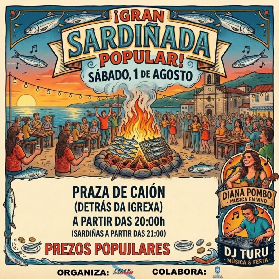 Cartel de la Gran Sardinada Popular en la Praza de Caión con música en directo de Diana Pombo y DJ Turu