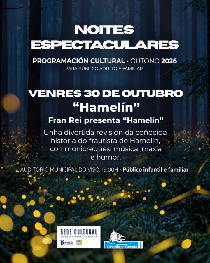 Cartel de Hamelín de Fran Rei, espectáculo familiar en Carnota o 30 de outubro de 2026