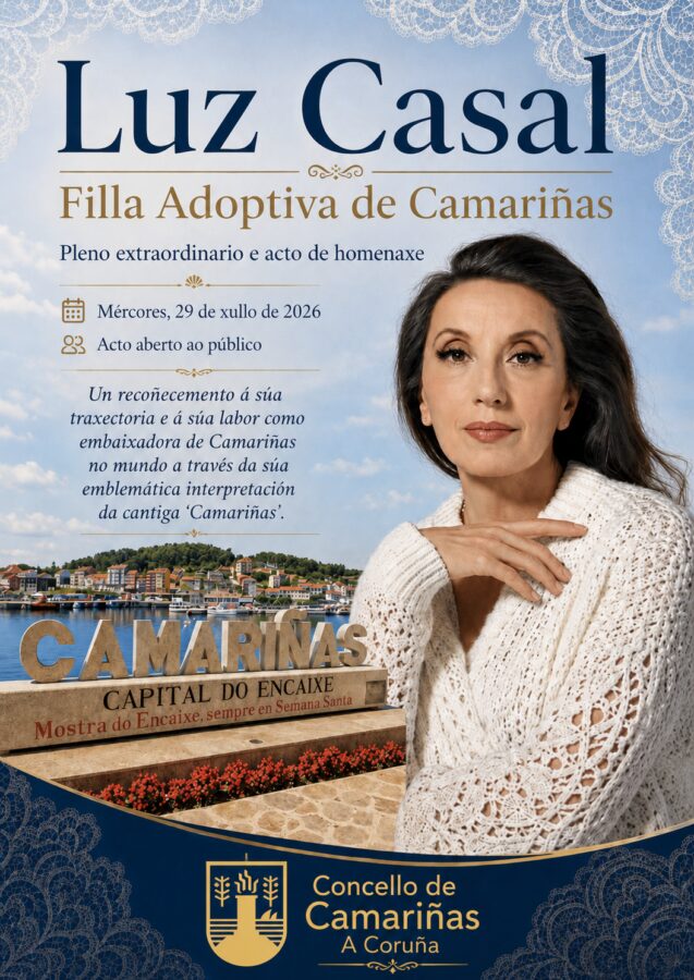Cartel del pleno extraordinario y acto de homenaje a Luz Casal como Hija Adoptiva de Camariñas, el 29 de julio de 2026.